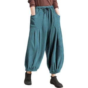 TARSE Womens Corduroy Pants Harem Casual Loose Fit Baggy Elastic Waist Lantern Fall Pants with Pockets(Lake Blue)
