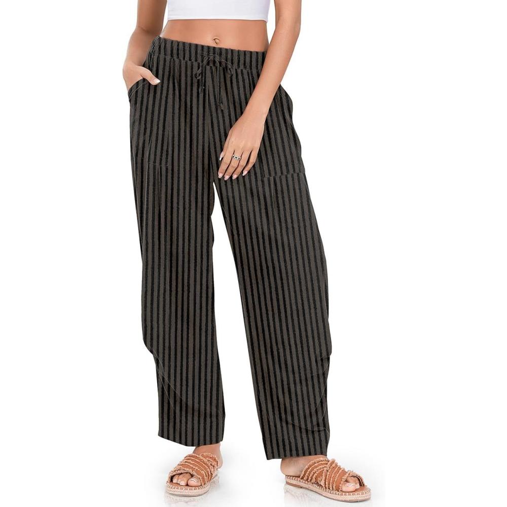 imageTARSE Women Linen Baggy Harem Pants Summer Drawstring Casual Lounge Pant 2024 Beach Travel Vacation Clothes with PocketsBlackkhaki Striped