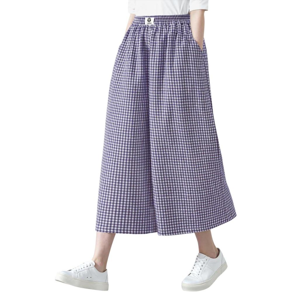 imageTARSE Womens Gingham Wide Leg Linen Capri Pants Casual Loose Plaid Culottes Elastic Waist Palazzo Pants with PocketsPurple White Plaid