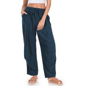 TARSE Women Linen Baggy Harem Pants Summer Drawstring Casual Lounge Pant 2024 Beach Travel Vacation Clothes with Pockets(Blackblue Striped)