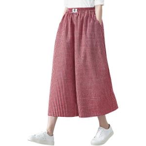TARSE Womens Gingham Wide Leg Linen Capri Pants Casual Loose Plaid Culottes Elastic Waist Palazzo Pants with Pockets(Red White Plaid)