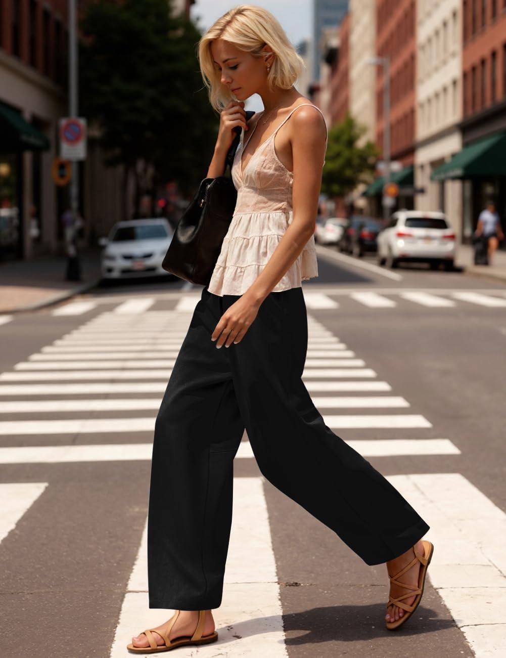 imageTARSE Womens Linen Barrel Pants Loose Fit Drawstring High Waist Wide Leg Casual Boho Baggy Trousers with PocketsBlack