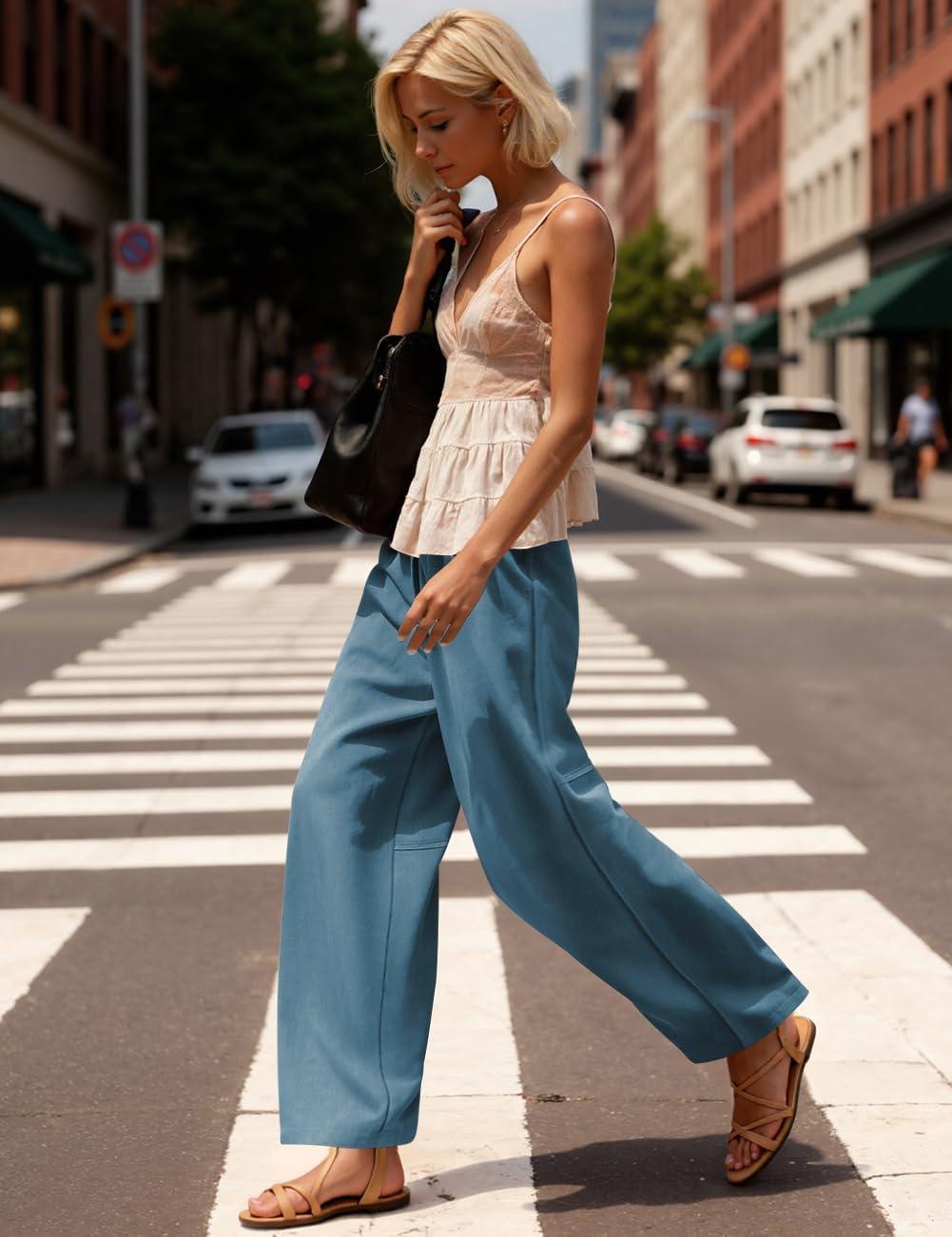 imageTARSE Womens Linen Barrel Pants Loose Fit Drawstring High Waist Wide Leg Casual Boho Baggy Trousers with PocketsLake Blue