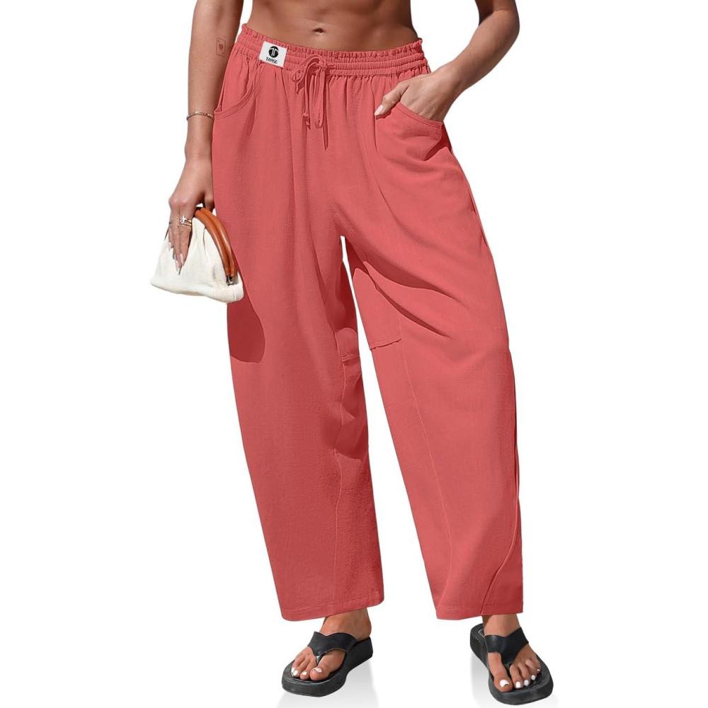imageTARSE Womens Linen Barrel Pants Loose Fit Drawstring High Waist Wide Leg Casual Boho Baggy Trousers with PocketsGrenadine