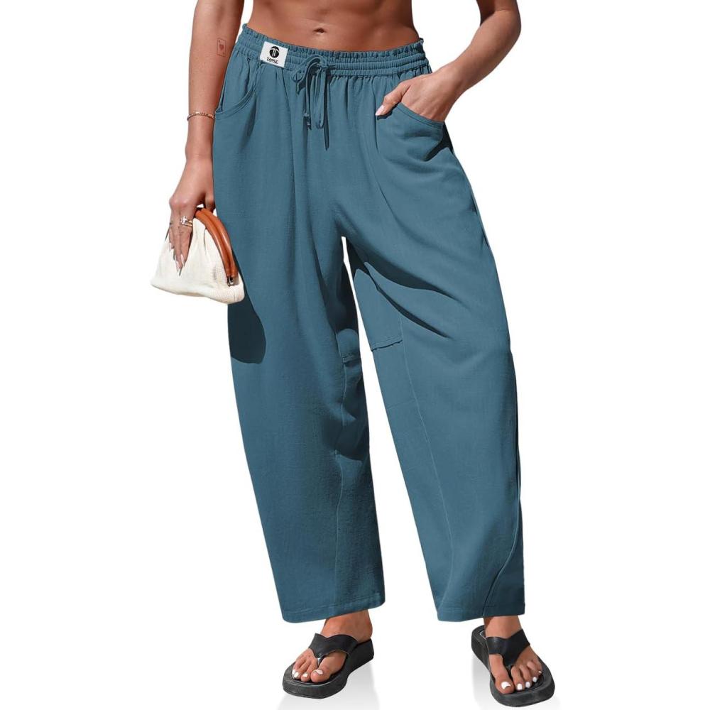 imageTARSE Womens Linen Barrel Pants Loose Fit Drawstring High Waist Wide Leg Casual Boho Baggy Trousers with PocketsLake Blue