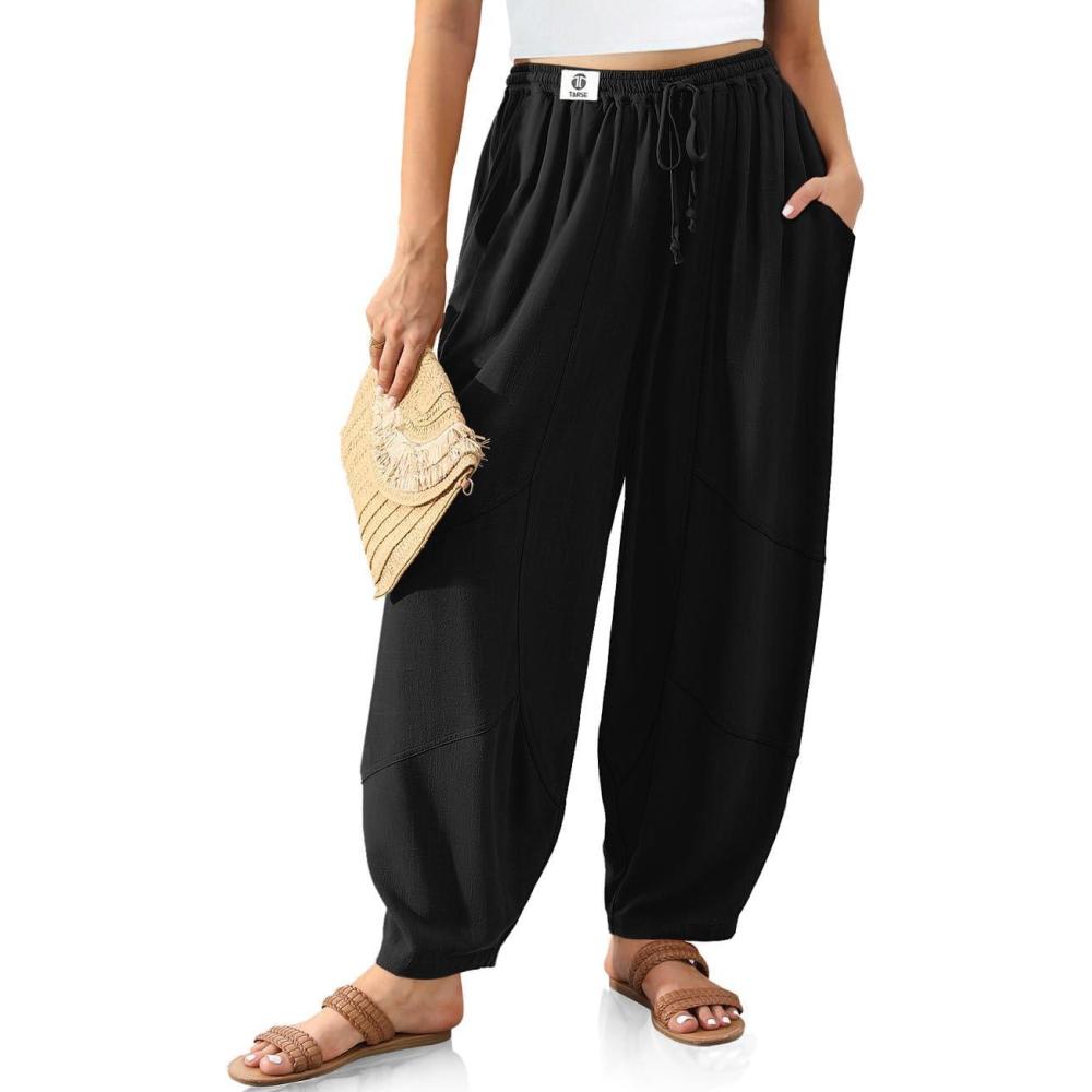imageTARSE Womens Linen Harem Pants Wide Leg Boho Casual Trousers Loose Fit Lounge Beach Travel PantsBlack