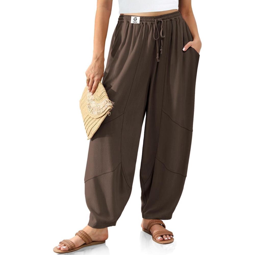 imageTARSE Womens Linen Harem Pants Wide Leg Boho Casual Trousers Loose Fit Lounge Beach Travel PantsDark Coffee