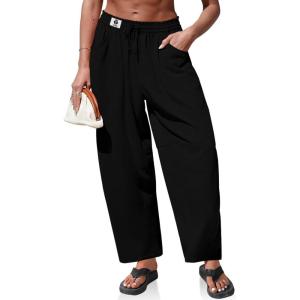 TARSE Womens Linen Barrel Pants Loose Fit Drawstring High Waist Wide Leg Casual Boho Baggy Trousers with Pockets(Black)