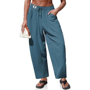 TARSE Womens Linen Barrel Pants Loose Fit Drawstring High Waist Wide Leg Casual Boho Baggy Trousers with Pockets(Lake Blue)