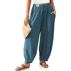 TARSE Women’s Linen Harem Pants Wide Leg Boho Casual Trousers Loose Fit Lounge Beach Travel Pants(Lake Blue)