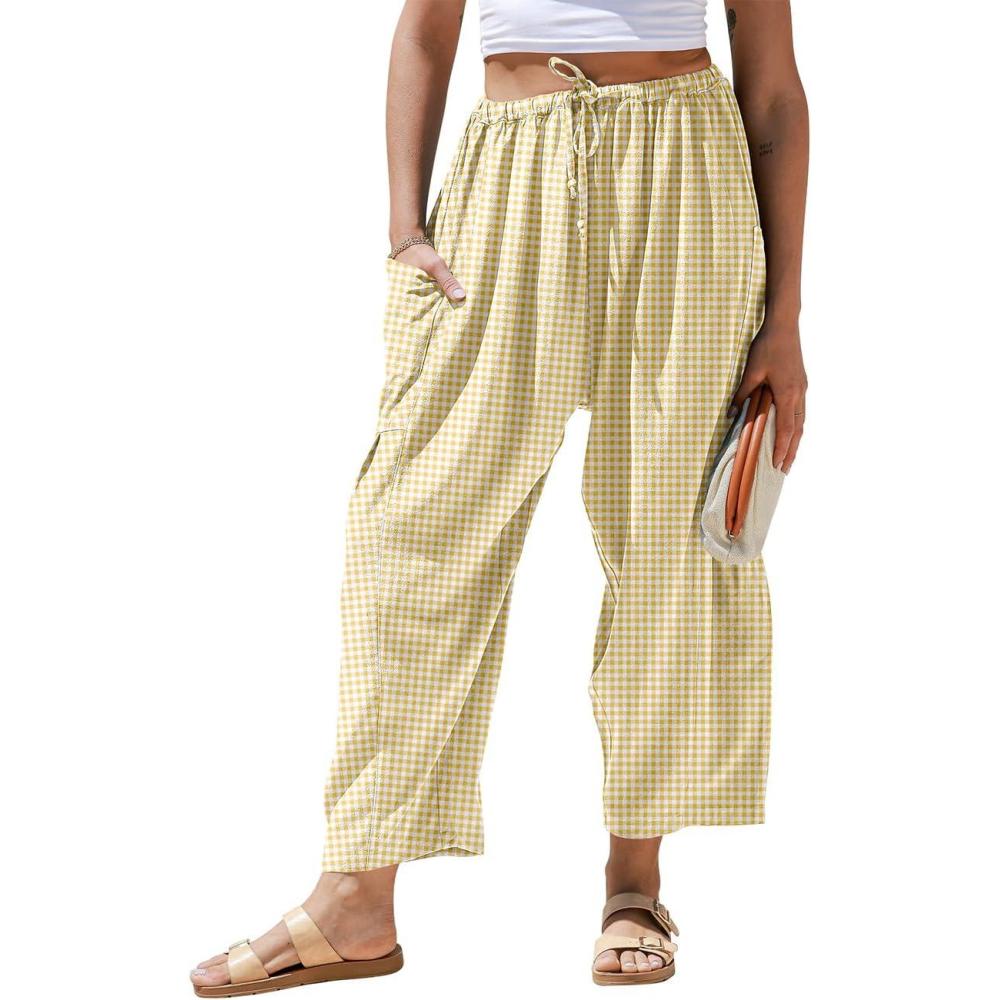 imageTARSE Womens Wide Leg Striped Plaid Pants Casual Barrel Loose Drawstring Low Waist Palazzo Harem Pants with PocketsBrown White Plaid