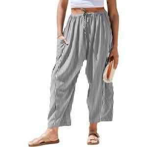 TARSE Womens Wide Leg Striped Plaid Pants Casual Barrel Loose Drawstring Low Waist Palazzo Harem Pants with Pockets(Black White Striped)