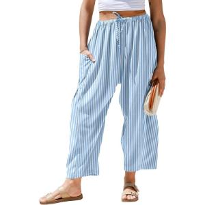 TARSE Womens Wide Leg Striped Plaid Pants Casual Barrel Loose Drawstring Low Waist Palazzo Harem Pants with Pockets(Blue White Striped)