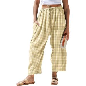 TARSE Womens Wide Leg Striped Plaid Pants Casual Barrel Loose Drawstring Low Waist Palazzo Harem Pants with Pockets(Brown White Plaid)