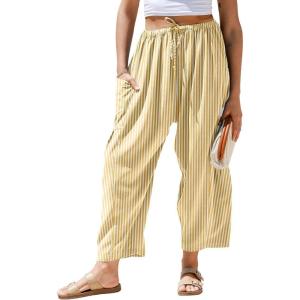 TARSE Womens Wide Leg Striped Plaid Pants Casual Barrel Loose Drawstring Low Waist Palazzo Harem Pants with Pockets(Yellow White Striped)