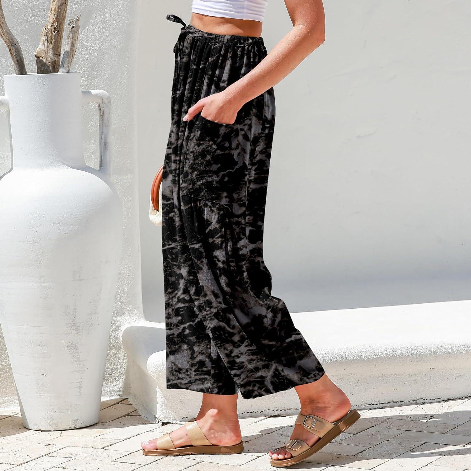 imageTARSE Womens Linen Wide Leg Pants Casual Loose Drawstring Summer 2025 Beach Travel Vacation Palazzo Harem Pants with PocketsMarble Coffee