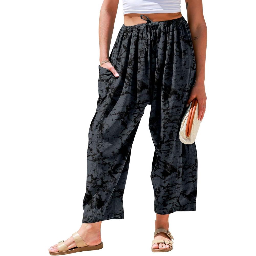 imageTARSE Womens Linen Wide Leg Pants Casual Loose Drawstring Summer 2025 Beach Travel Vacation Palazzo Harem Pants with PocketsMarble Gray