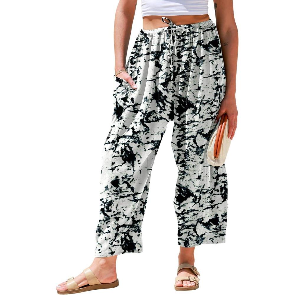imageTARSE Womens Linen Wide Leg Pants Casual Loose Drawstring Summer 2025 Beach Travel Vacation Palazzo Harem Pants with PocketsMarble White