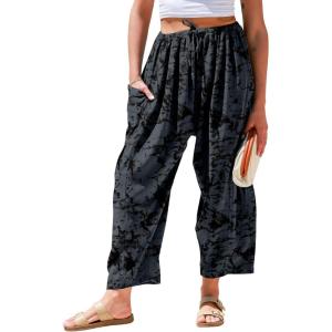 TARSE Womens Linen Wide Leg Pants Casual Loose Drawstring Summer 2025 Beach Travel Vacation Palazzo Harem Pants with Pockets(Marble Gray)