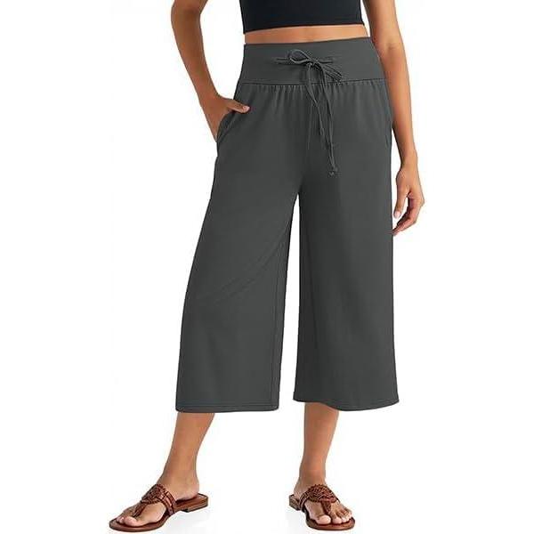 imageTARSE Wide Leg Cropped Palazzo Pants for Women Culottes with Pockets Summer Gaucho PantsDarkgray