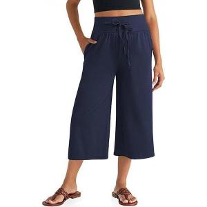 TARSE Wide Leg Cropped Palazzo Pants for Women Culottes with Pockets Summer Gaucho Pants(Navy)