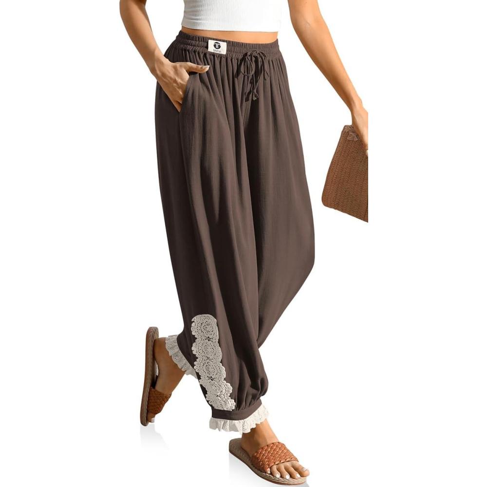 imageTARSE Womens Linen Harem Pants Boho Loose with Lace Trim Casual Vintage Lantern Summer Travel Cropped PantsDark Coffee