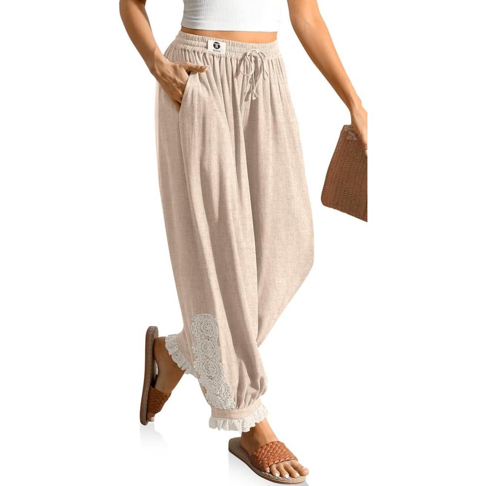 imageTARSE Womens Linen Harem Pants Boho Loose with Lace Trim Casual Vintage Lantern Summer Travel Cropped PantsHeather Light Khaki