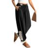 imageTARSE Womens Linen Harem Pants Boho Loose with Lace Trim Casual Vintage Lantern Summer Travel Cropped PantsBlack