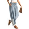 imageTARSE Womens Linen Harem Pants Boho Loose with Lace Trim Casual Vintage Lantern Summer Travel Cropped PantsLight Gray Blue