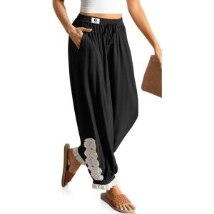 TARSE Women’s Linen Harem Pants Boho Loose with Lace Trim Casual Vintage Lantern Summer Travel Cropped Pants(Black)