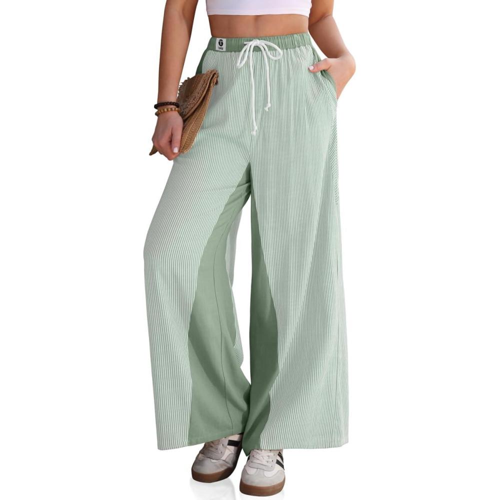 imageTARSE Womens Linen Wide Leg Pants Striped Drawstring Elastic Waist Loose Fit Summer Boho Casual Trendy Pants with PocketsLight Army Green