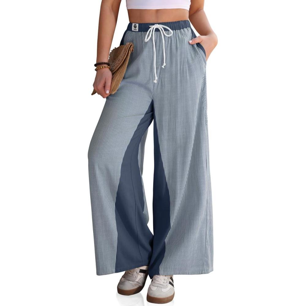 imageTARSE Womens Linen Wide Leg Pants Striped Drawstring Elastic Waist Loose Fit Summer Boho Casual Trendy Pants with PocketsLight Navy