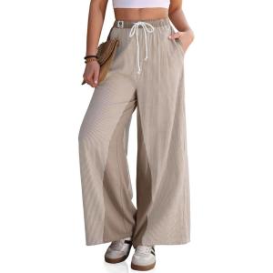TARSE Women’s Linen Wide Leg Pants Striped Drawstring Elastic Waist Loose Fit Summer Boho Casual Trendy Pants with Pockets(Light Brown)