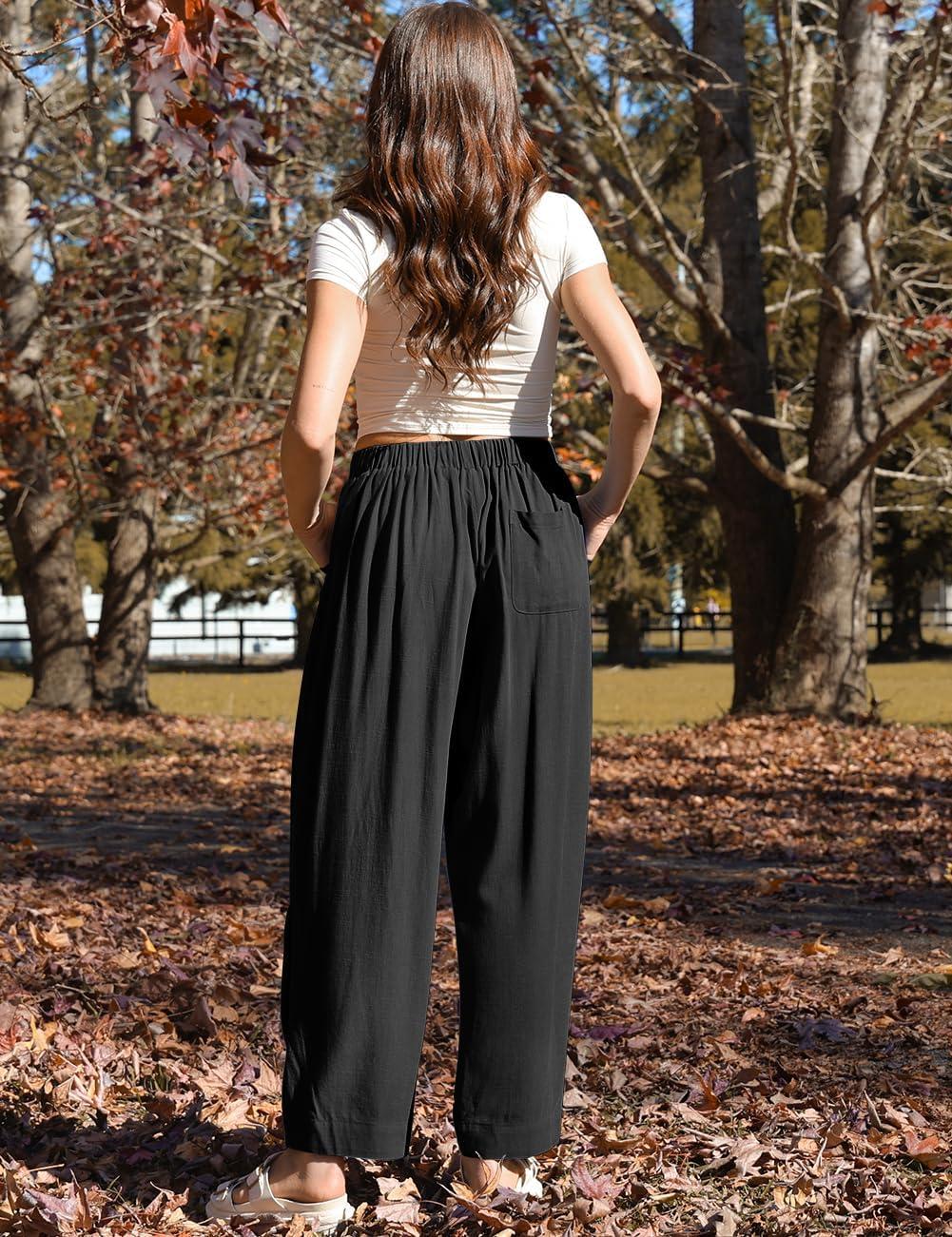 image:imageTARSE Women Linen Baggy Harem Pants Summer Drawstring Casual Lounge Pant 2026 Beach Travel Vacation Clothes with PocketsBlack