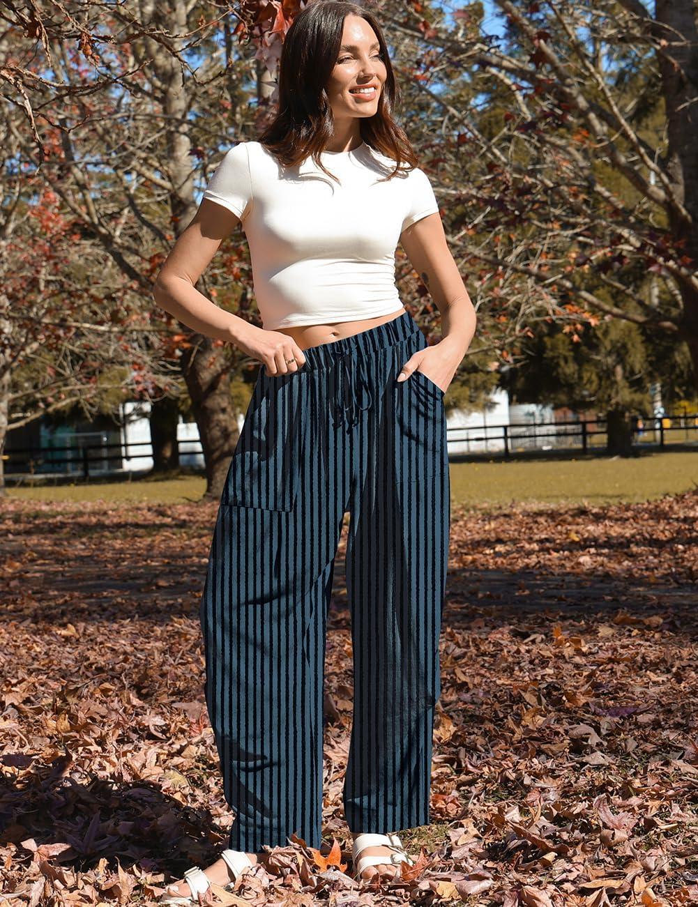 image:imageTARSE Women Linen Baggy Harem Pants Summer Drawstring Casual Lounge Pant 2026 Beach Travel Vacation Clothes with PocketsBlackblue Striped