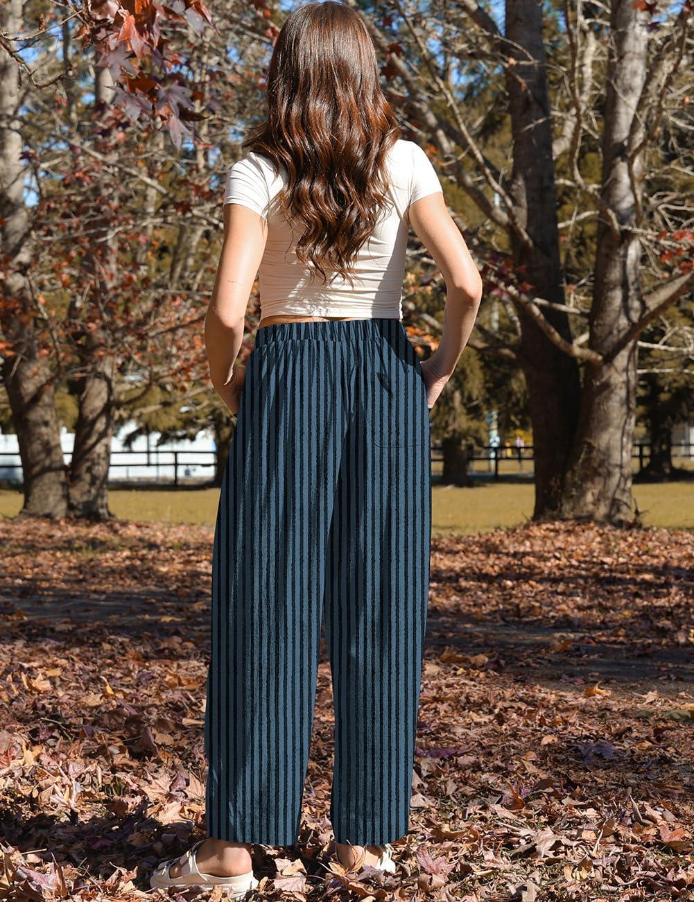 image:imageTARSE Women Linen Baggy Harem Pants Summer Drawstring Casual Lounge Pant 2026 Beach Travel Vacation Clothes with PocketsBlackblue Striped