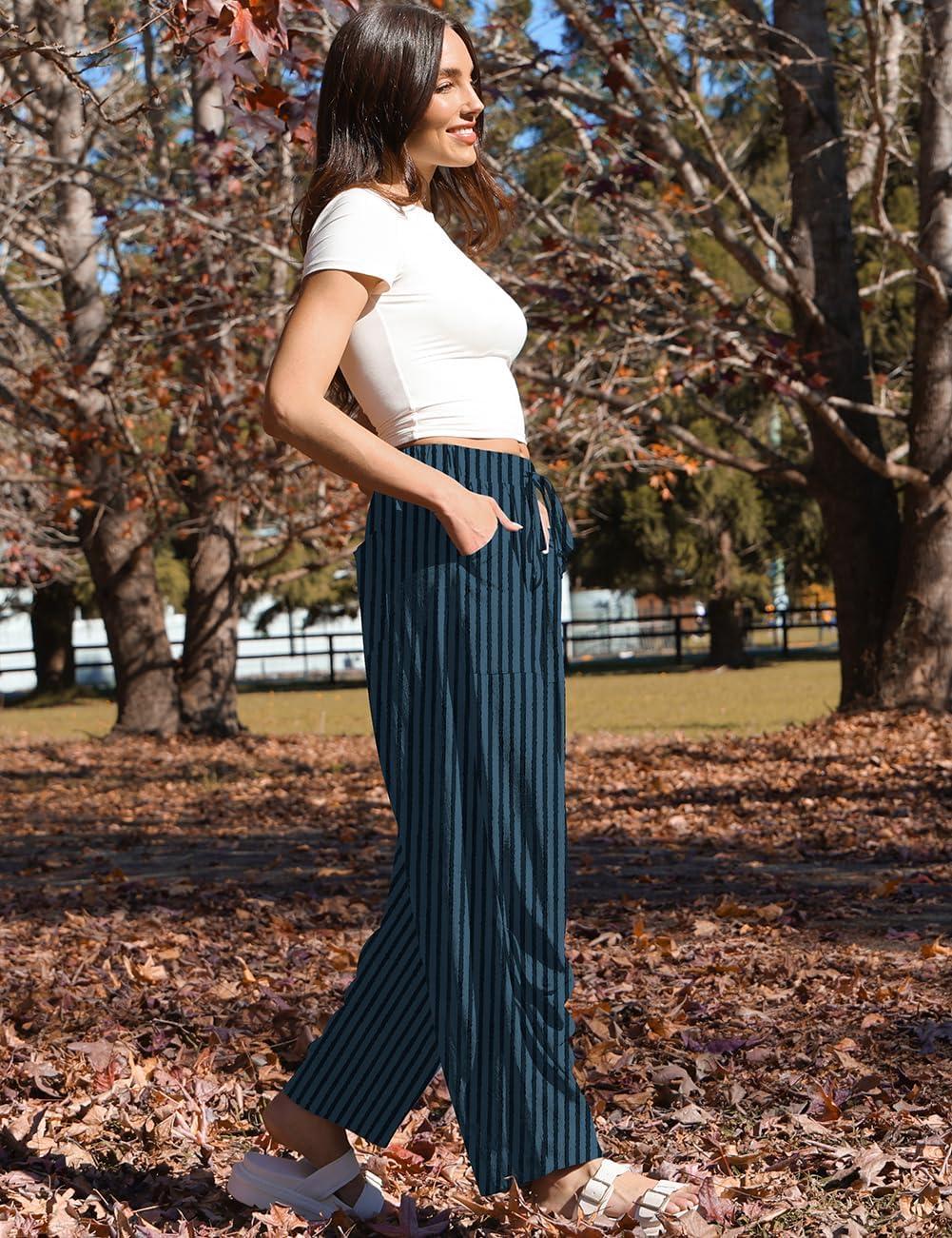 image:imageTARSE Women Linen Baggy Harem Pants Summer Drawstring Casual Lounge Pant 2026 Beach Travel Vacation Clothes with PocketsBlackblue Striped