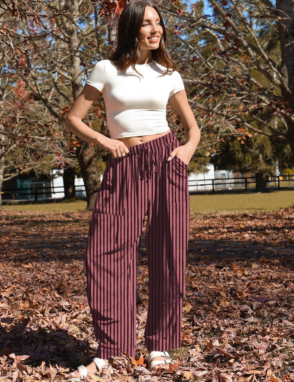 image:imageTARSE Women Linen Baggy Harem Pants Summer Drawstring Casual Lounge Pant 2026 Beach Travel Vacation Clothes with PocketsBlackrose Striped