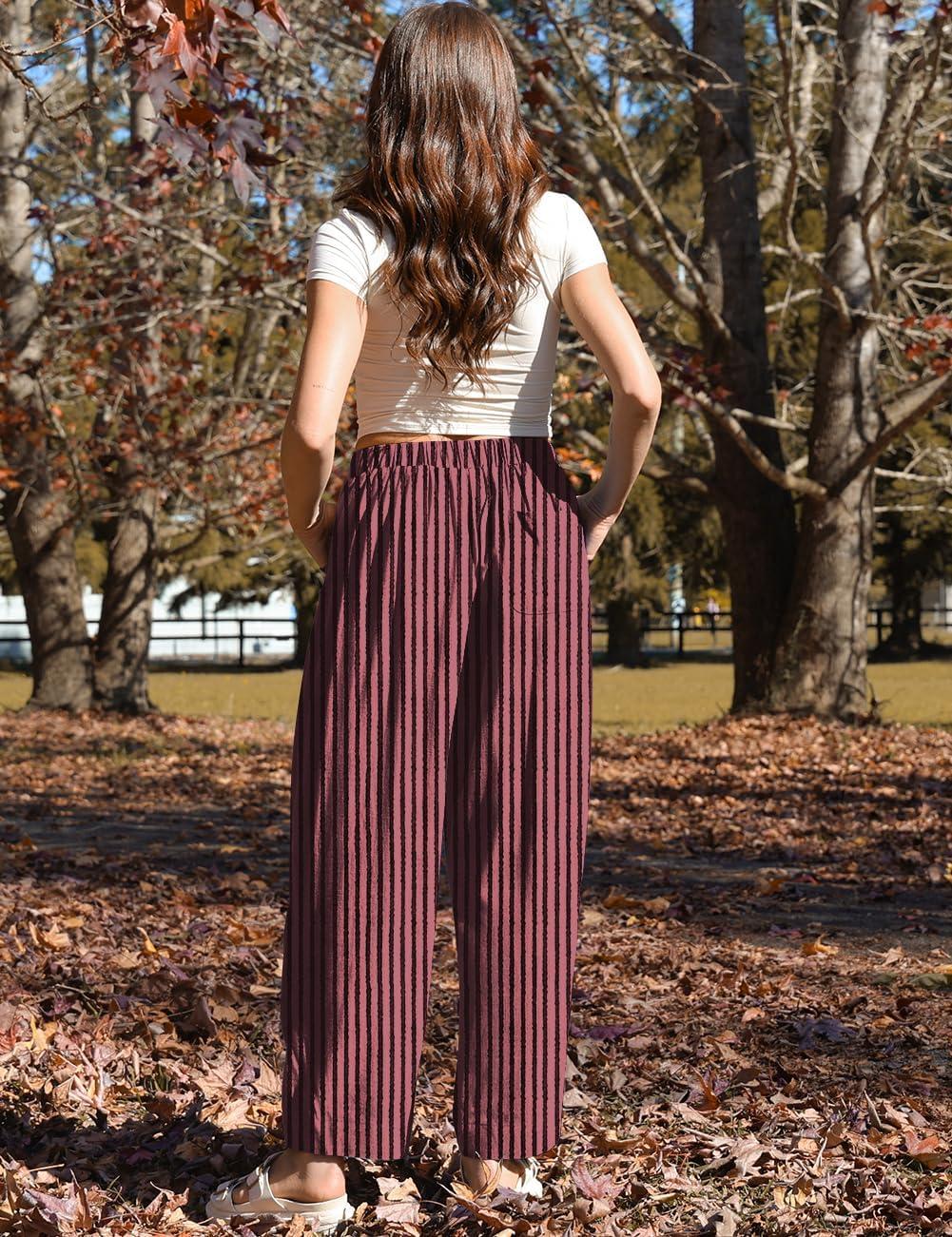 image:imageTARSE Women Linen Baggy Harem Pants Summer Drawstring Casual Lounge Pant 2026 Beach Travel Vacation Clothes with PocketsBlackrose Striped