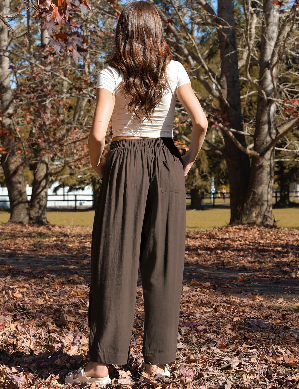 image:imageTARSE Women Linen Baggy Harem Pants Summer Drawstring Casual Lounge Pant 2026 Beach Travel Vacation Clothes with PocketsDark Coffee