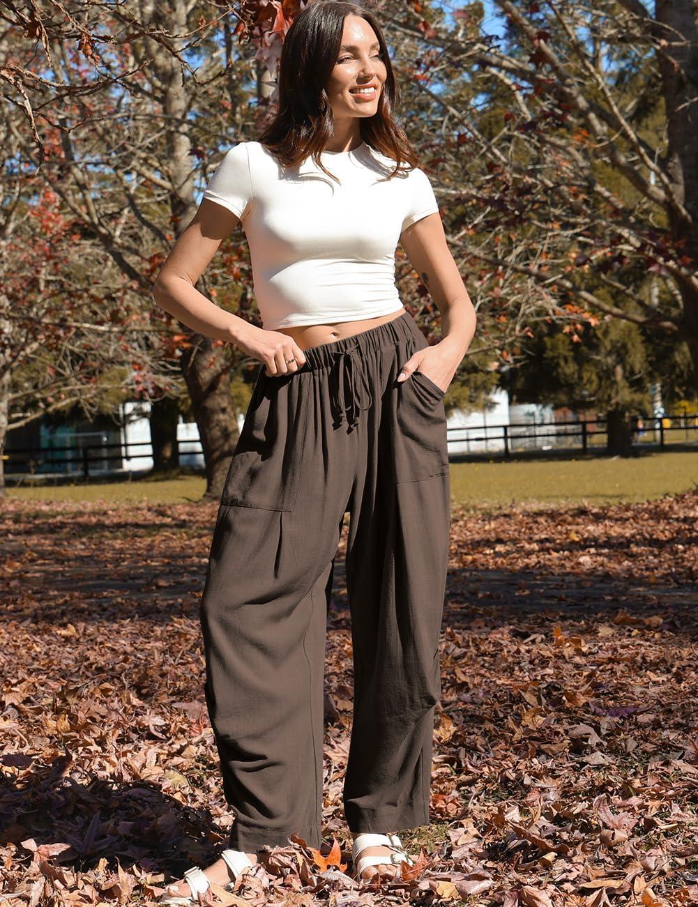 image:imageTARSE Women Linen Baggy Harem Pants Summer Drawstring Casual Lounge Pant 2026 Beach Travel Vacation Clothes with PocketsDark Coffee