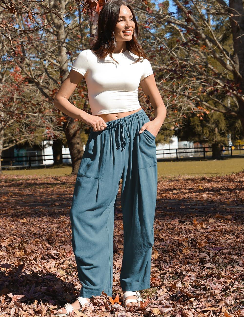 image:imageTARSE Women Linen Baggy Harem Pants Summer Drawstring Casual Lounge Pant 2026 Beach Travel Vacation Clothes with PocketsLake Blue
