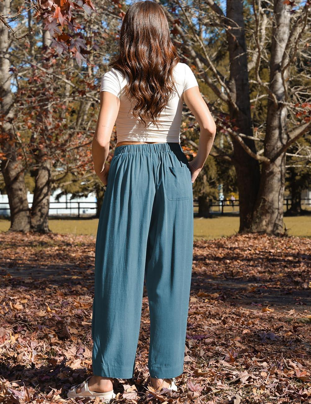 image:imageTARSE Women Linen Baggy Harem Pants Summer Drawstring Casual Lounge Pant 2026 Beach Travel Vacation Clothes with PocketsLake Blue