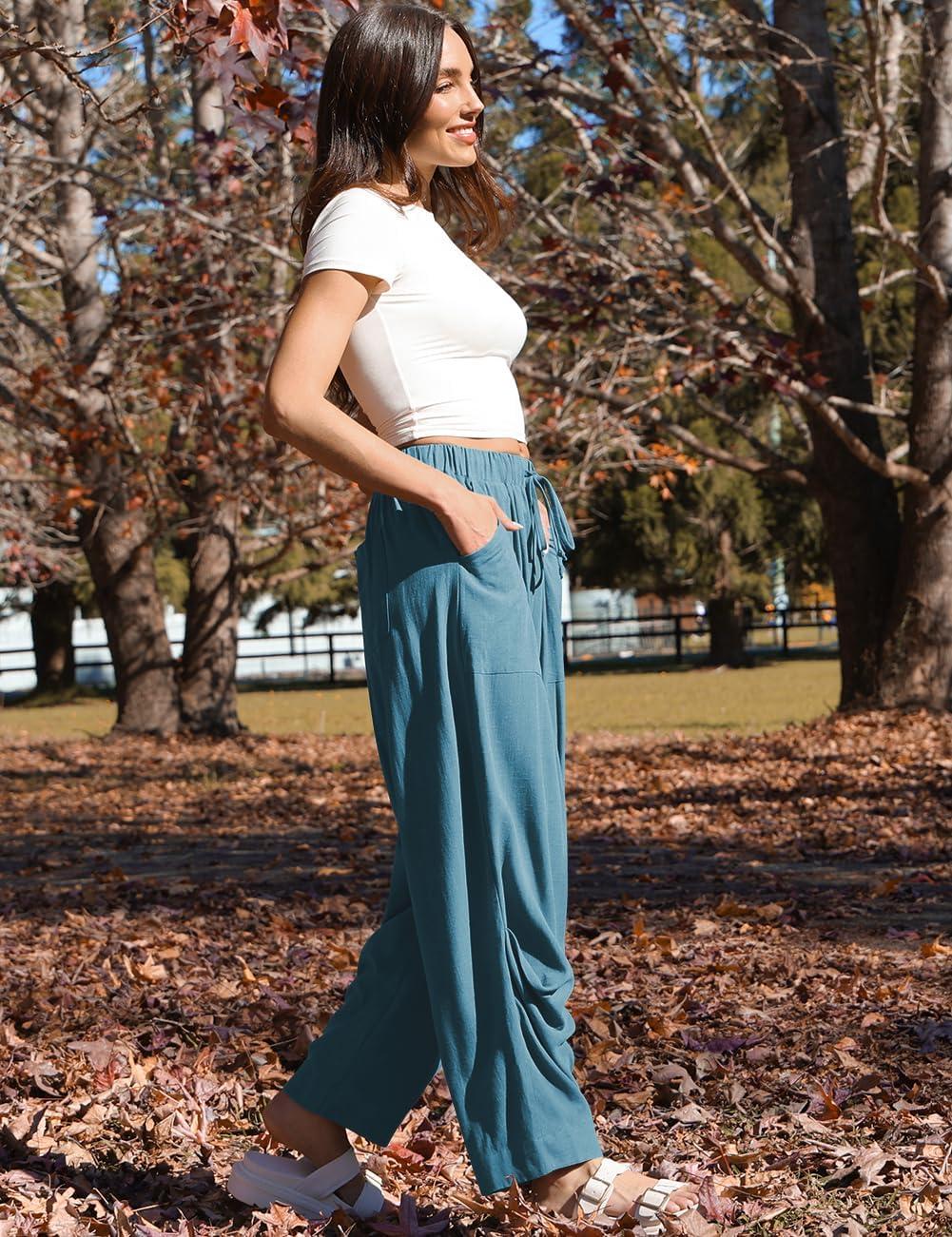 image:imageTARSE Women Linen Baggy Harem Pants Summer Drawstring Casual Lounge Pant 2026 Beach Travel Vacation Clothes with PocketsLake Blue