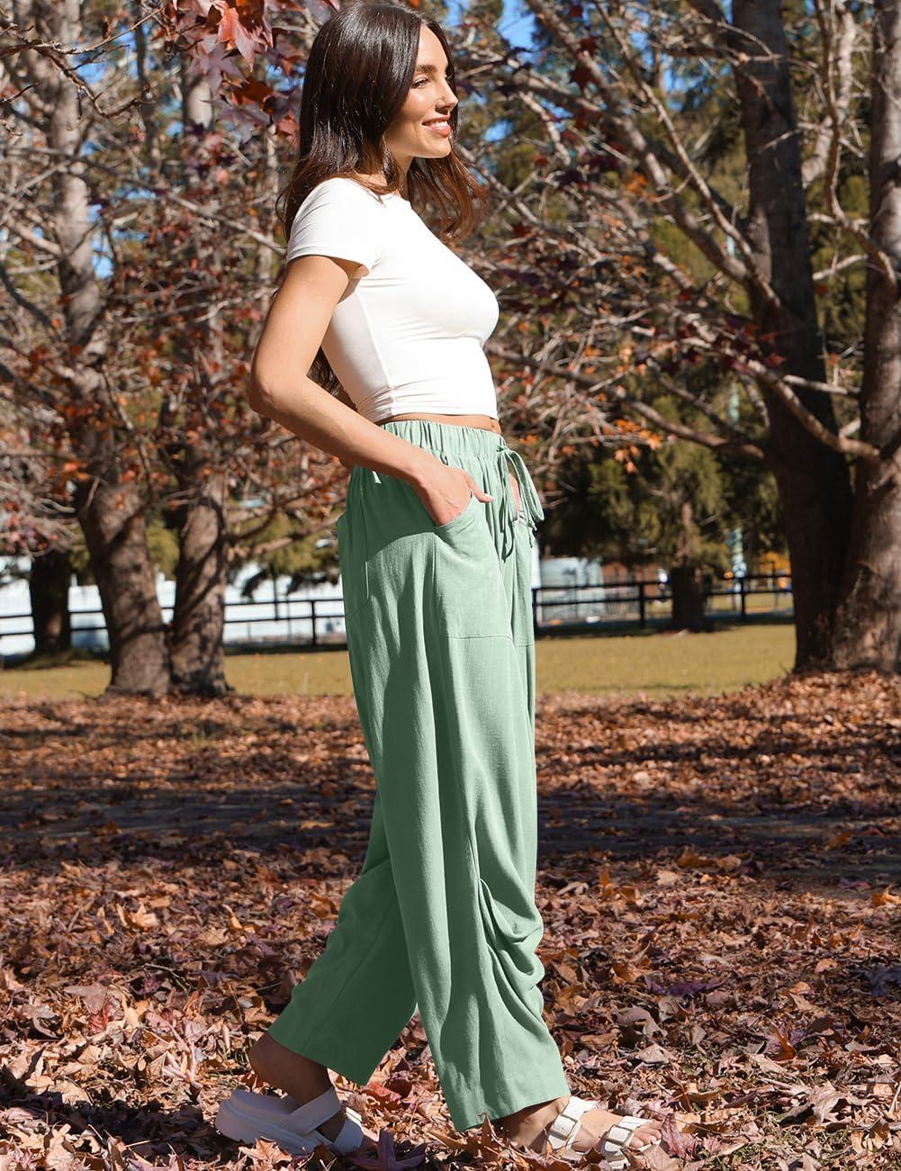 image:imageTARSE Women Linen Baggy Harem Pants Summer Drawstring Casual Lounge Pant 2026 Beach Travel Vacation Clothes with PocketsLight Army Green