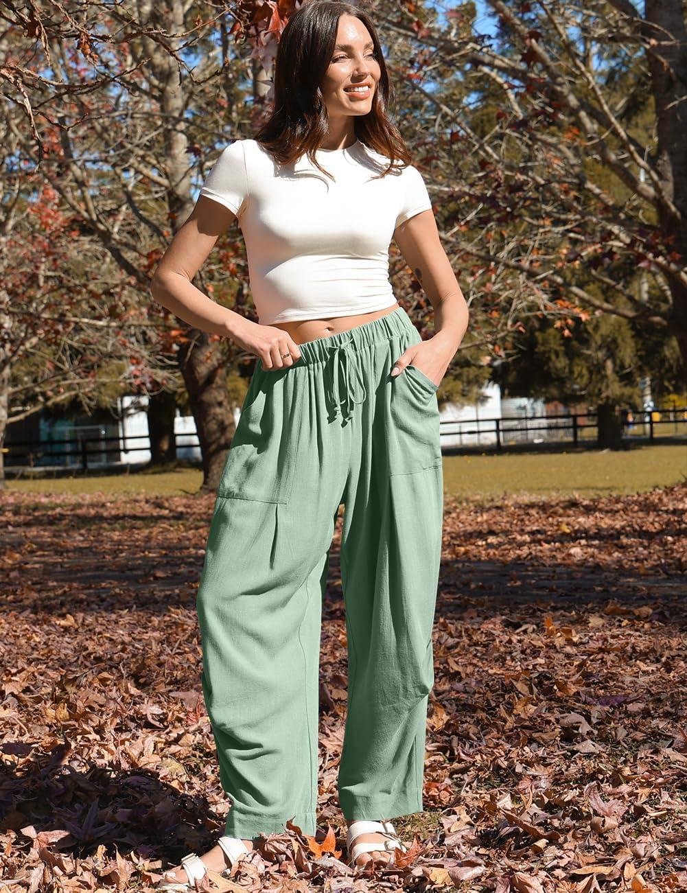 image:imageTARSE Women Linen Baggy Harem Pants Summer Drawstring Casual Lounge Pant 2026 Beach Travel Vacation Clothes with PocketsLight Army Green
