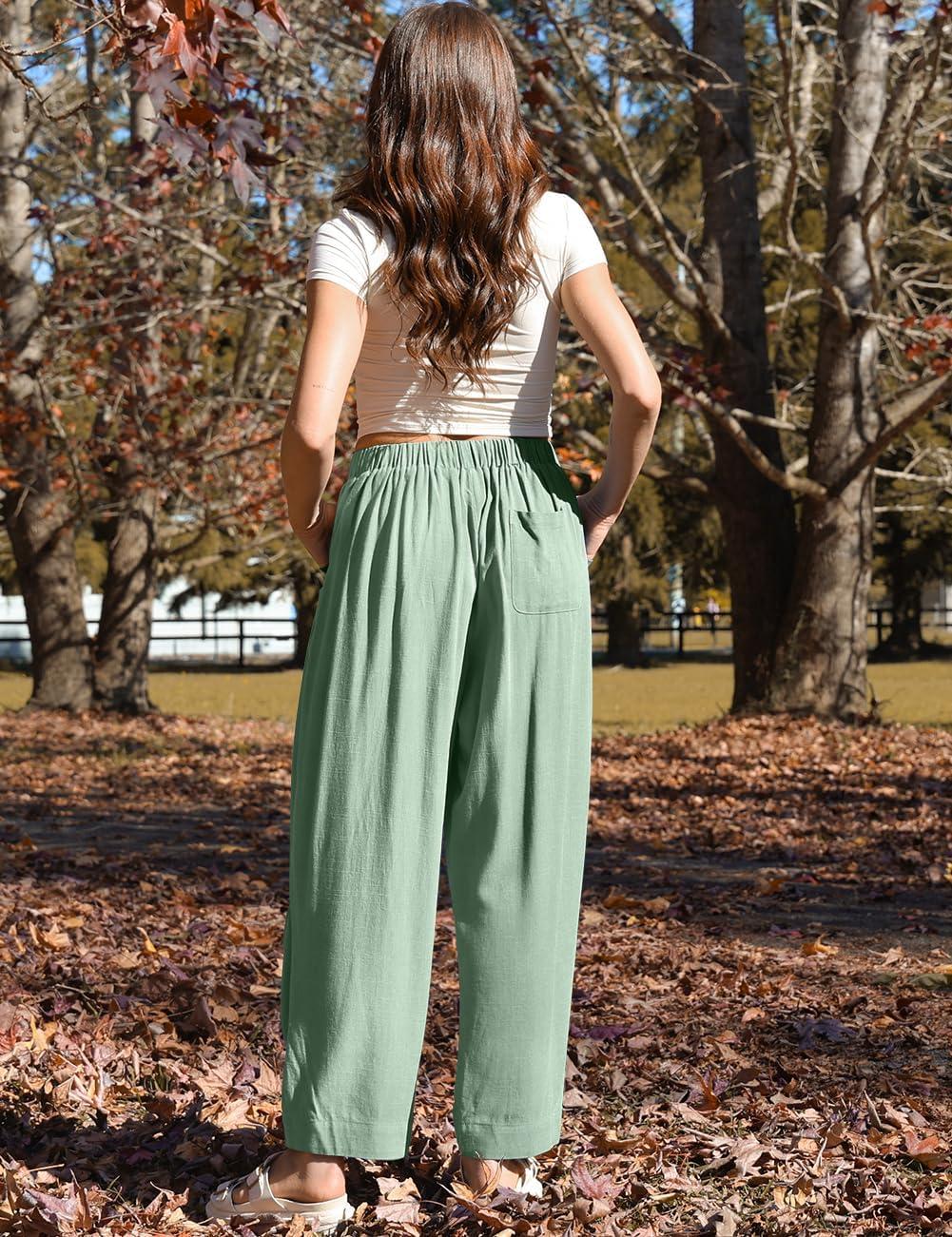 image:imageTARSE Women Linen Baggy Harem Pants Summer Drawstring Casual Lounge Pant 2026 Beach Travel Vacation Clothes with PocketsLight Army Green