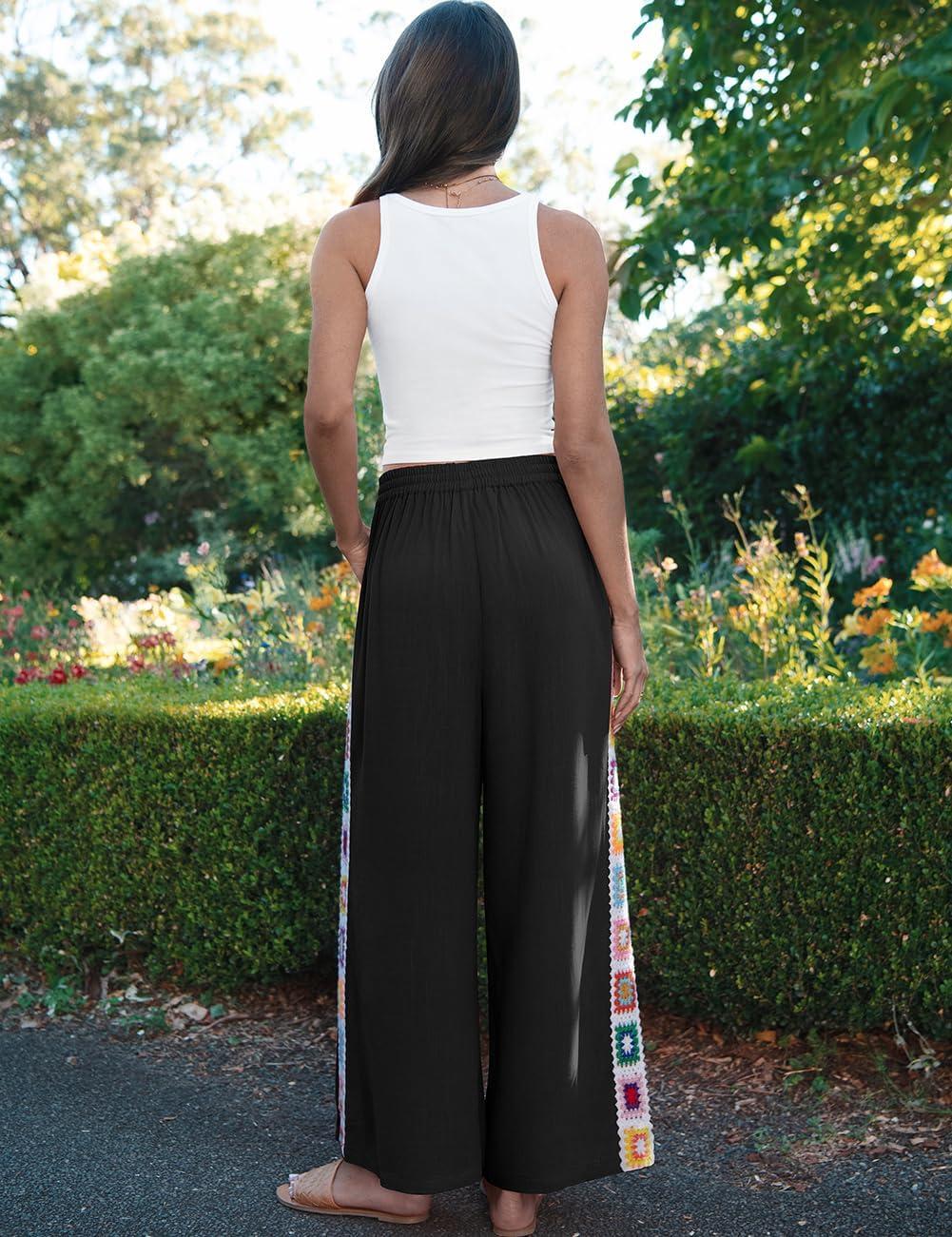 image:imageTARSE Womens Wide Leg Linen Pants Summer Casual Drawstring Loose Lounge Palazzo Crochet Panel Pant with PocketBlack