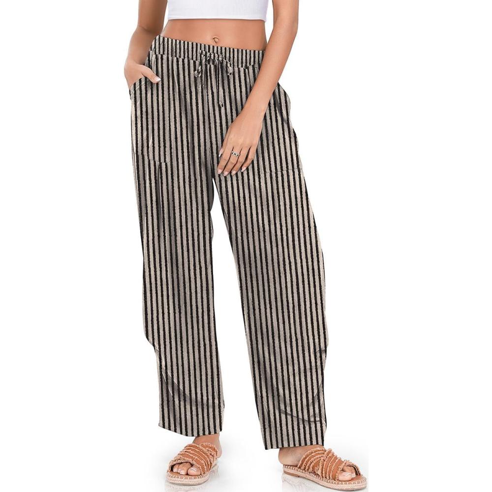 image:imageTARSE Women Linen Baggy Harem Pants Summer Drawstring Casual Lounge Pant 2026 Beach Travel Vacation Clothes with PocketsBlackbeige Striped