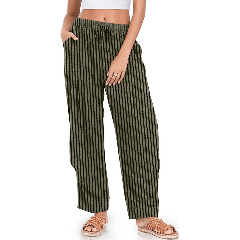 image:imageTARSE Women Linen Baggy Harem Pants Summer Drawstring Casual Lounge Pant 2026 Beach Travel Vacation Clothes with PocketsBlackgreen Striped